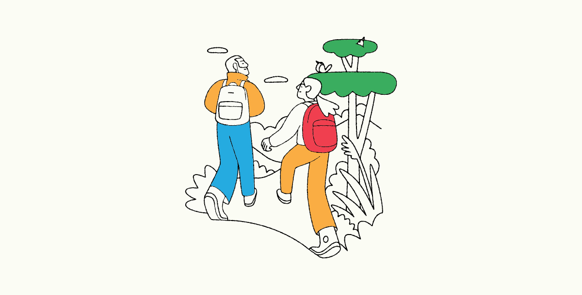 An illustration of two people walking outside in nature.